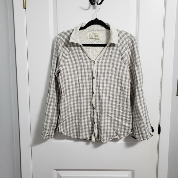 ANTHROPOLOGIE SATURDAY SUNDAY Gray Checkered Button Up Flannel Blouse … - Picture 2 of 8